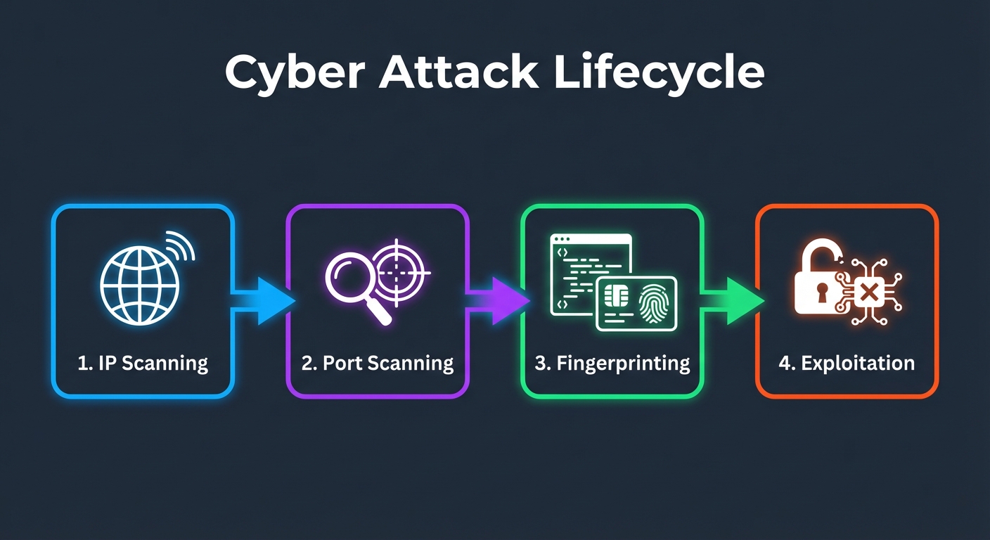Cyber attack lifecycle diagram showing IP Scanning, Port Scanning, Fingerprinting, and Exploitation